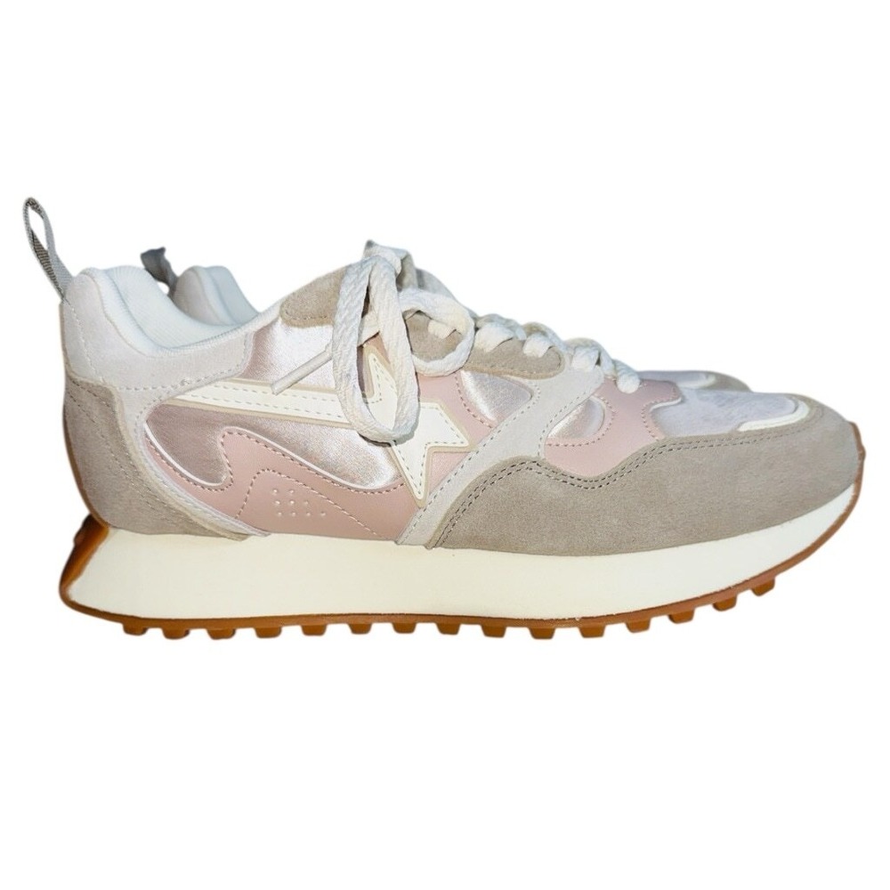 W6YZ Just Say Wizz Pink Satin Beige Suede Women's Lace Up Sneakers Size 7 NWOB
